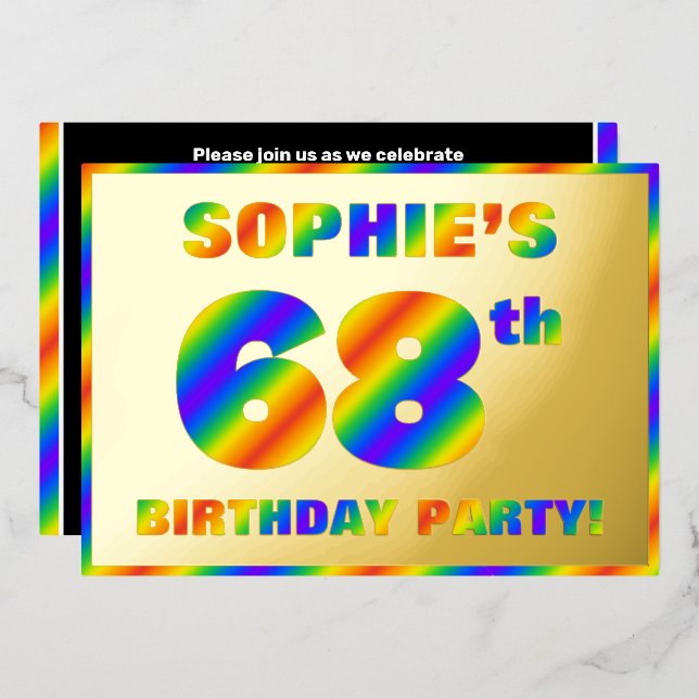 68th Birthday Party — Fun, Rainbow Spectrum “68” Foil Invitation (Front/Back)