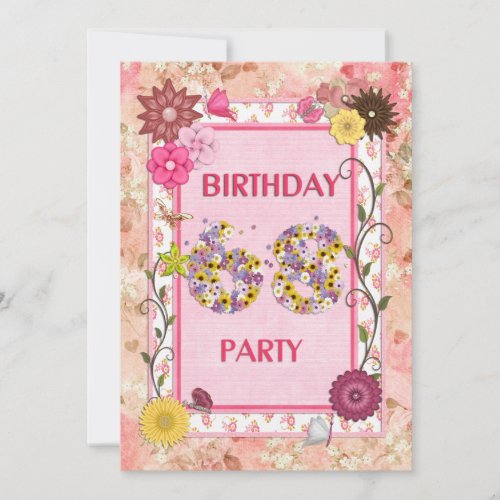 68th birthday party invitation with floral frame