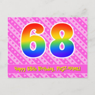 68th Birthday: Pink Stripes & Hearts, Rainbow 68 Postcard