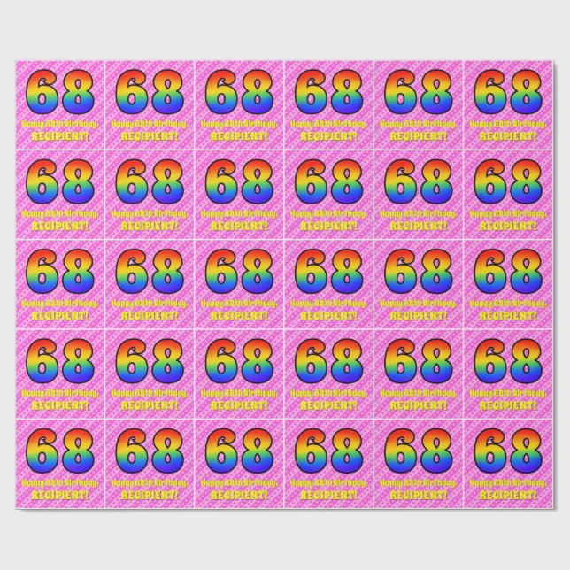 68th Birthday: Pink Stripes & Hearts, Rainbow # 68 Wrapping Paper (Flat)