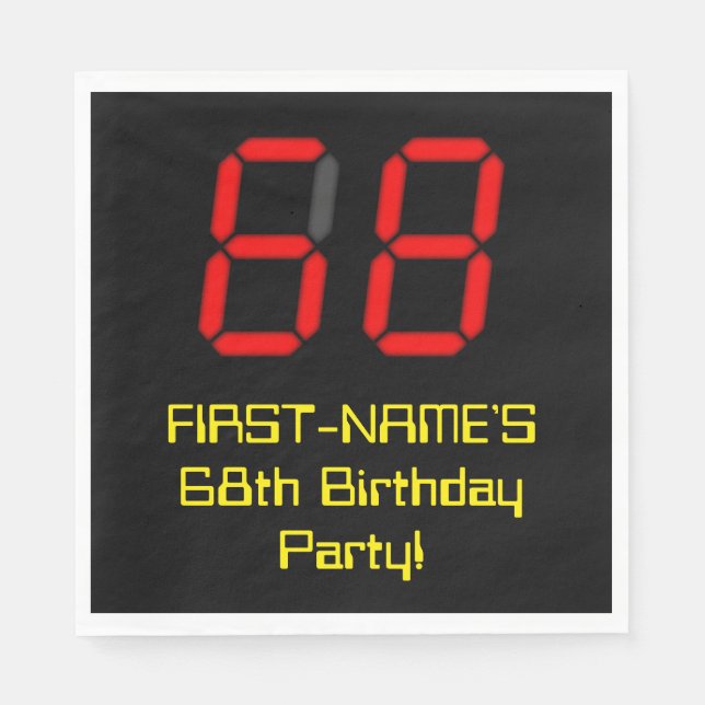 68th Birthday: Red Digital Clock Style "68" + Name Napkins (Front)
