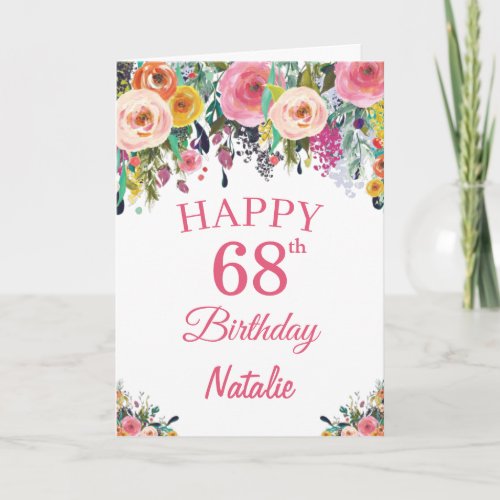 68th Birthday Watercolor Floral Flowers Pink Card