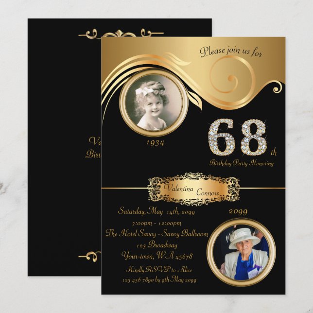 68th,Birthday Woman 68th,elegant art deco,black Invitation (Front/Back)
