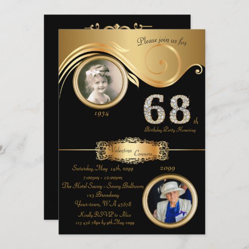 68thBirthday Woman 68thelegant art decoblack Invitation