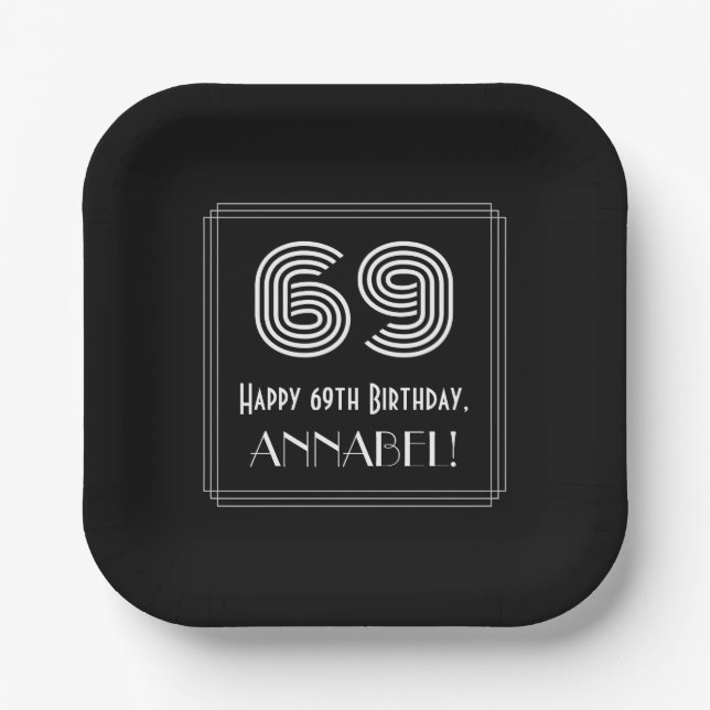 69th Birthday — Art Deco Inspired Look “69” + Name Paper Plates (Front)