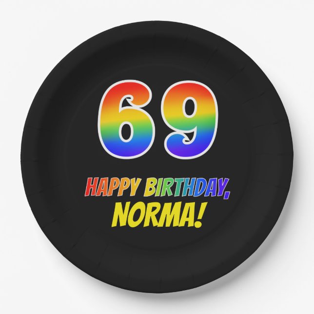 69th Birthday: Bold, Fun, Simple, Rainbow 69 Paper Plates (Front)