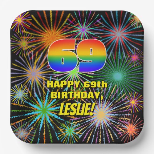 69th Birthday Colorful Fun Celebratory Fireworks Paper Plates