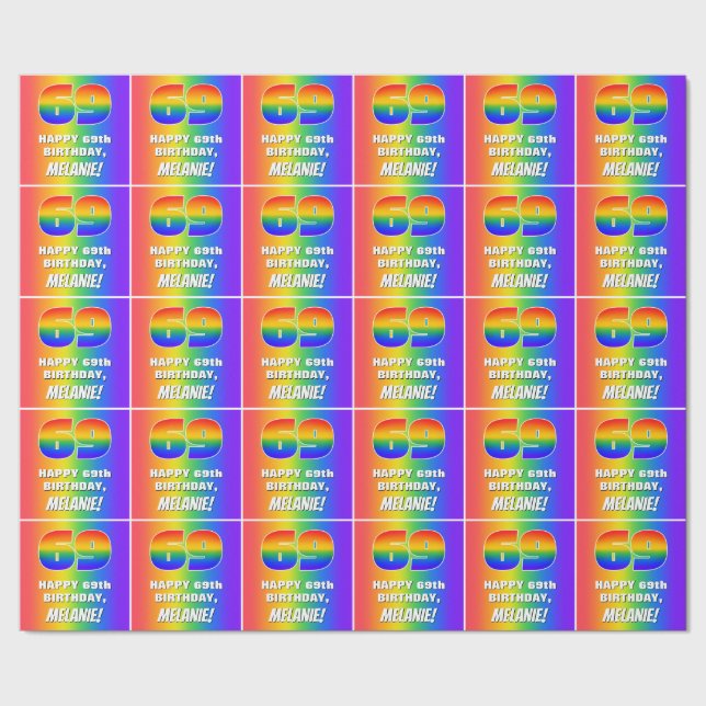 69th Birthday: Colorful, Fun Rainbow Pattern # 69 Wrapping Paper (Seam)