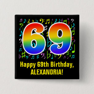 69th Birthday: Colorful Music Symbols, Rainbow 69 Button
