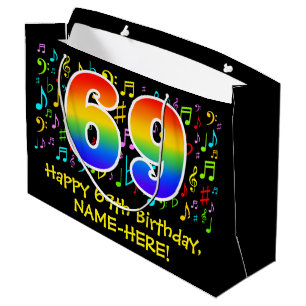69th Birthday - Colorful Music Symbols, Rainbow 69 Large Gift Bag