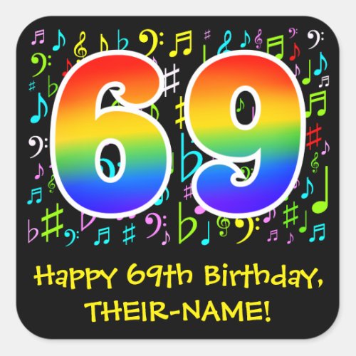 69th Birthday Colorful Music Symbols Rainbow 69 Square Sticker