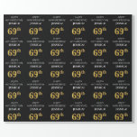 [ Thumbnail: 69th Birthday: Elegant, Black, Faux Gold Look Wrapping Paper ]