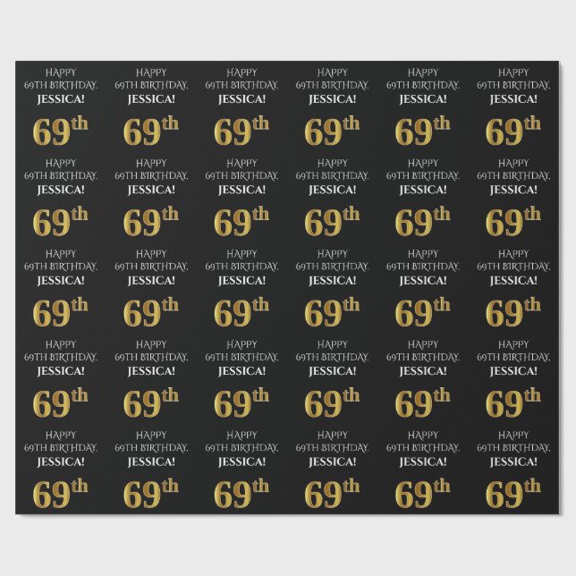 69th Birthday: Elegant, Black, Faux Gold Look Wrapping Paper (Flat)
