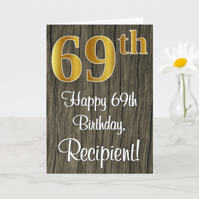 69th Birthday: Elegant Faux Gold Look #, Faux Wood Card (Small Plant)