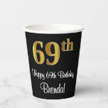 [ Thumbnail: 69th Birthday - Elegant Luxurious Faux Gold Look # Paper Cups ]