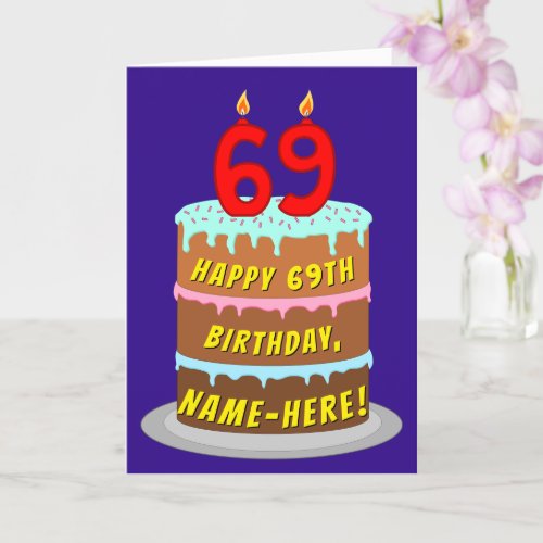 69th Birthday Fun Cake and Candles  Custom Name Card