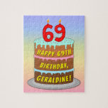 [ Thumbnail: 69th Birthday: Fun Cake and Candles + Custom Name Jigsaw Puzzle ]