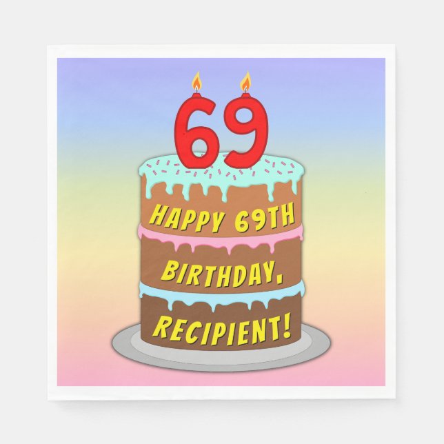 69th Birthday: Fun Cake and Candles + Custom Name Napkins (Front)