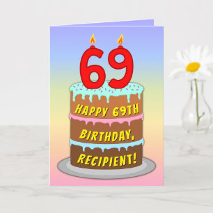 69th Birthday — Fun Cake & Candles, w/ Custom Name Card