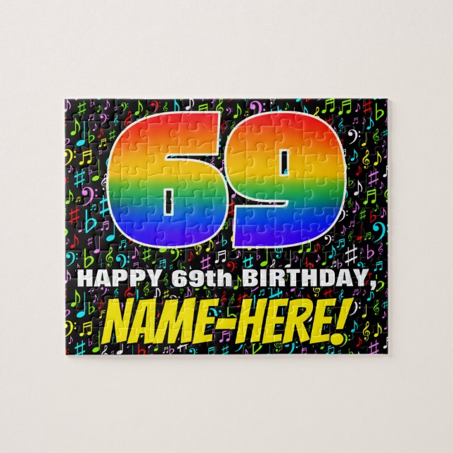 69th Birthday — Fun, Colorful Music Symbols & “69” Jigsaw Puzzle (Horizontal)
