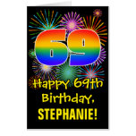 [ Thumbnail: 69th Birthday: Fun Fireworks Pattern & Rainbow 69 Card ]