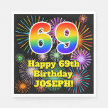 [ Thumbnail: 69th Birthday: Fun Fireworks Pattern + Rainbow 69 Napkins ]
