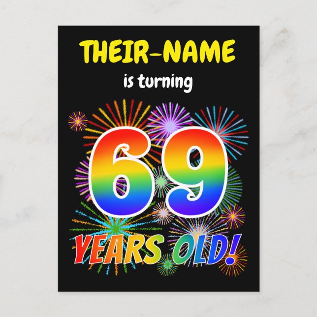 69th Birthday - Fun Fireworks, Rainbow Look "69" Postcard (Front)