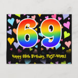 [ Thumbnail: 69th Birthday: Fun Hearts Pattern, Rainbow 69 Postcard ]