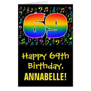 69th Birthday: Fun Music Symbols + Rainbow # 69 Card
