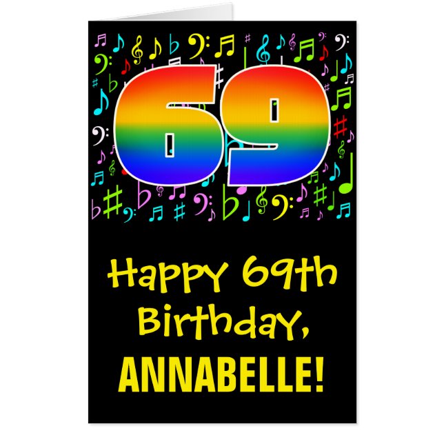 69th Birthday: Fun Music Symbols + Rainbow # 69 Card (Front)