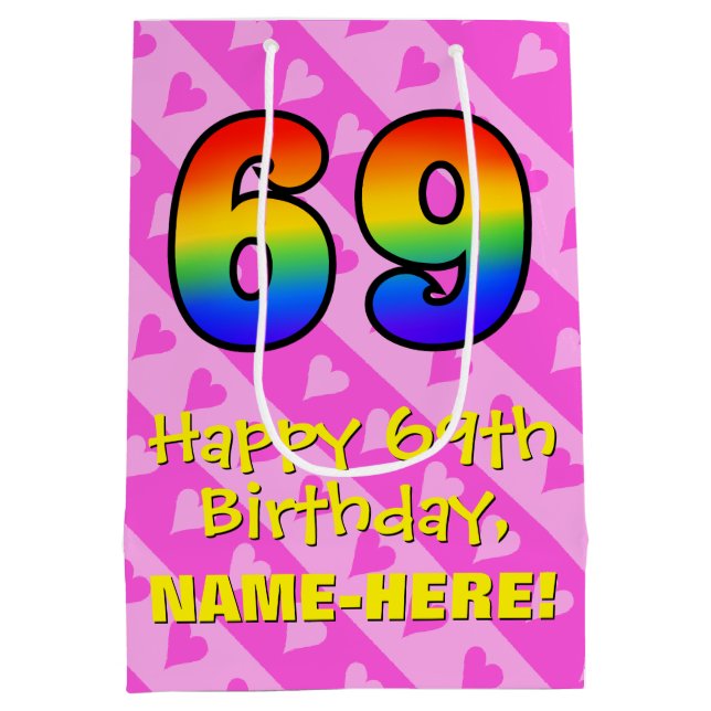 69th Birthday: Fun Pink Hearts Stripes; Rainbow 69 Medium Gift Bag (Back)