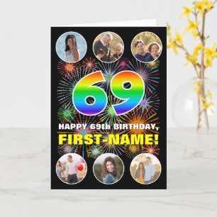 69th Birthday: Fun Rainbow #, Custom Name & Photos Card
