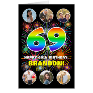 69th Birthday: Fun Rainbow #, Custom Name + Photos Card