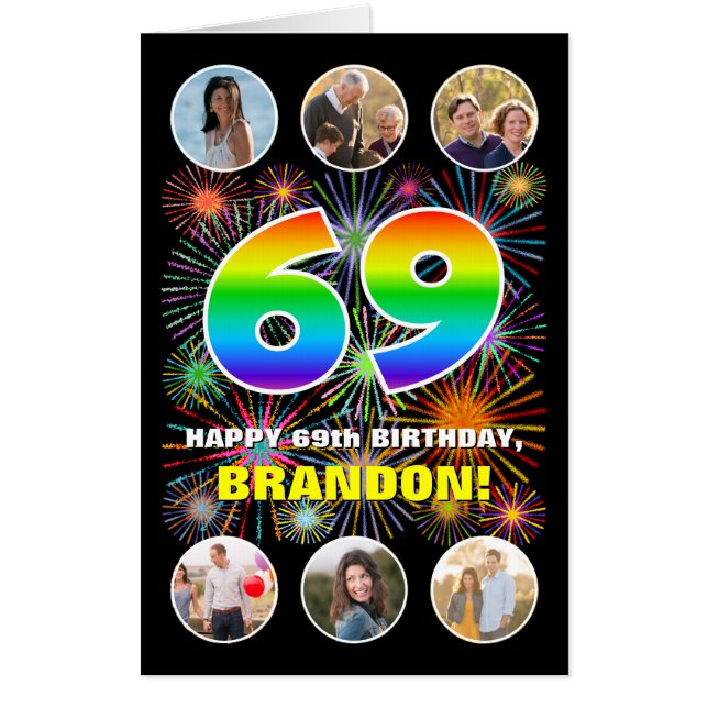 69th Birthday: Fun Rainbow #, Custom Name + Photos Card (Front)