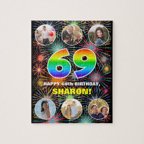 69th Birthday Fun Rainbow  Custom Name  Photos Jigsaw Puzzle