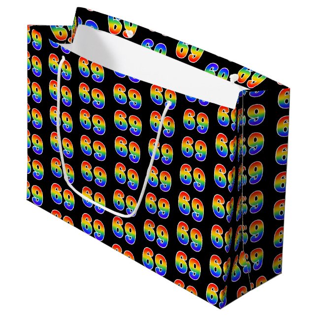 69th Birthday: Fun Rainbow Event Number 69 Pattern Large Gift Bag (Front Angled)