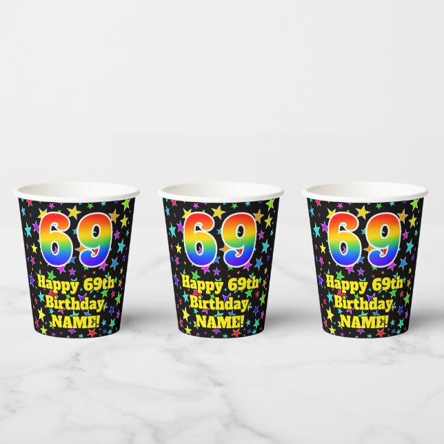 69th Birthday: Fun Stars Pattern and Rainbow 69 Paper Cups (Multi)