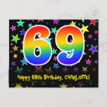 [ Thumbnail: 69th Birthday: Fun Stars Pattern, Rainbow 69, Name Postcard ]