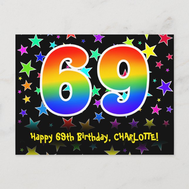69th Birthday: Fun Stars Pattern, Rainbow 69, Name Postcard (Front)