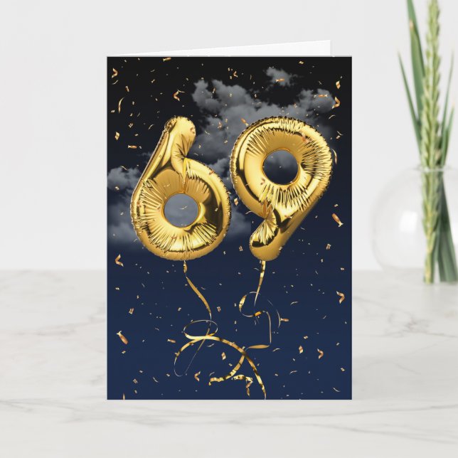69th Birthday Gold Mylar Balloon and Confetti Card (Front)