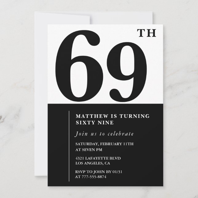 69th birthday invitations Black and White Elegant (Front)