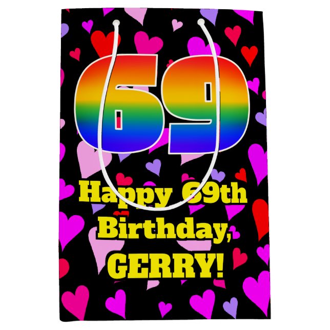 69th Birthday: Loving Hearts Pattern, Rainbow # 69 Medium Gift Bag (Front)