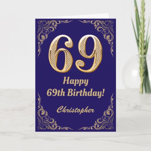 69th Birthday Navy Blue and Gold Glitter Frame Card