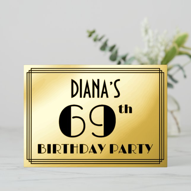 69th Birthday Party — Art Deco Look “69” + Name Foil Invitation (Standing Front)