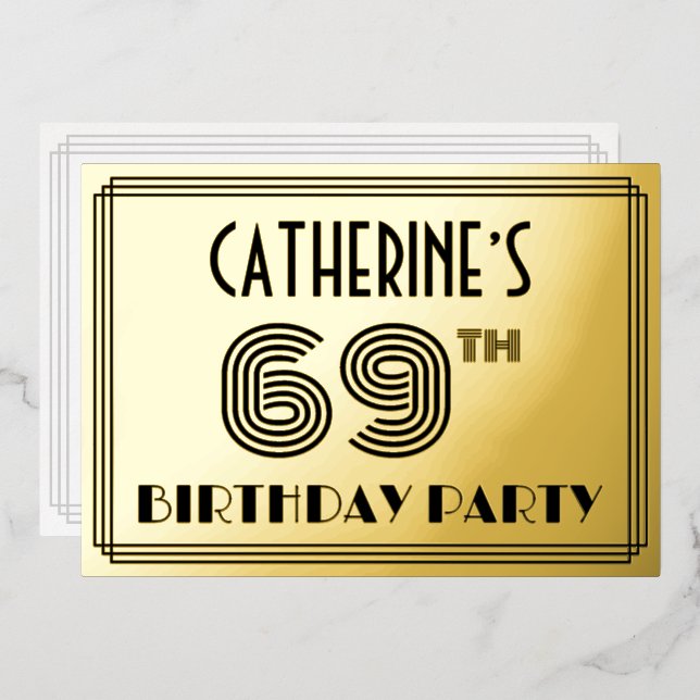69th Birthday Party — Art Deco Style “69” & Name Foil Invitation (Front/Back)