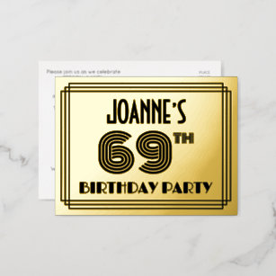 69th Birthday Party ~ Art Deco Style “69” + Name Foil Invitation Postcard