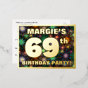 69th Birthday Party: Bold, Colorful Fireworks Look Foil Invitation Postcard