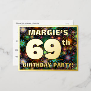 69th Birthday Party: Bold, Colorful Fireworks Look Foil Invitation Postcard