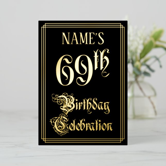 69th Birthday Party — Fancy Script & Custom Name Foil Invitation (Standing Front)