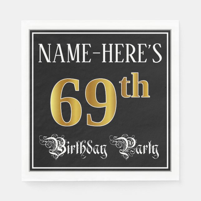 69th Birthday Party — Fancy Script, Faux Gold Look Napkins (Front)